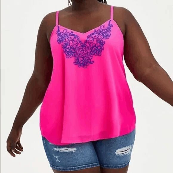 Torrid Sophie Hot Pink Blue Floral Embroidered Chiffon Tank Top 0 Large - Picture 6 of 7